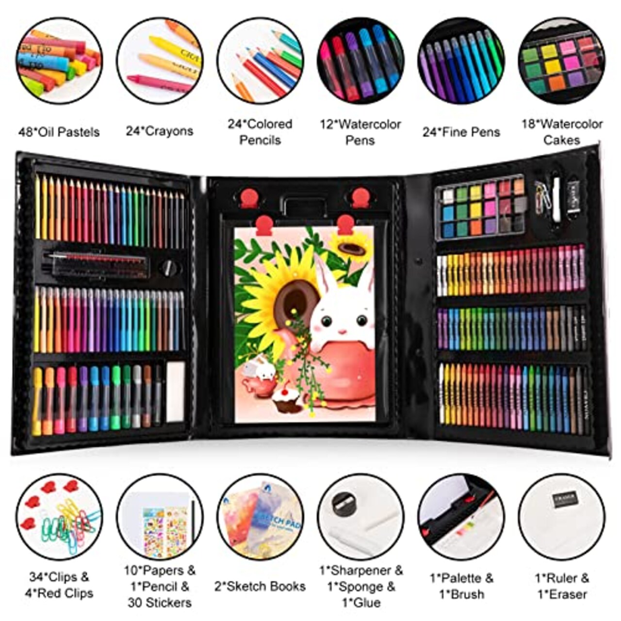 Art Supplies, 240-Piece Art Set Crafts Drawing Kits with Double Sided Trifold Easel, Includes Sketch Pads, Oil Pastels, Crayons, Colored Pencils, Gifts for Girls Boys Teen Ages 4-6-8-9-12 (Black)